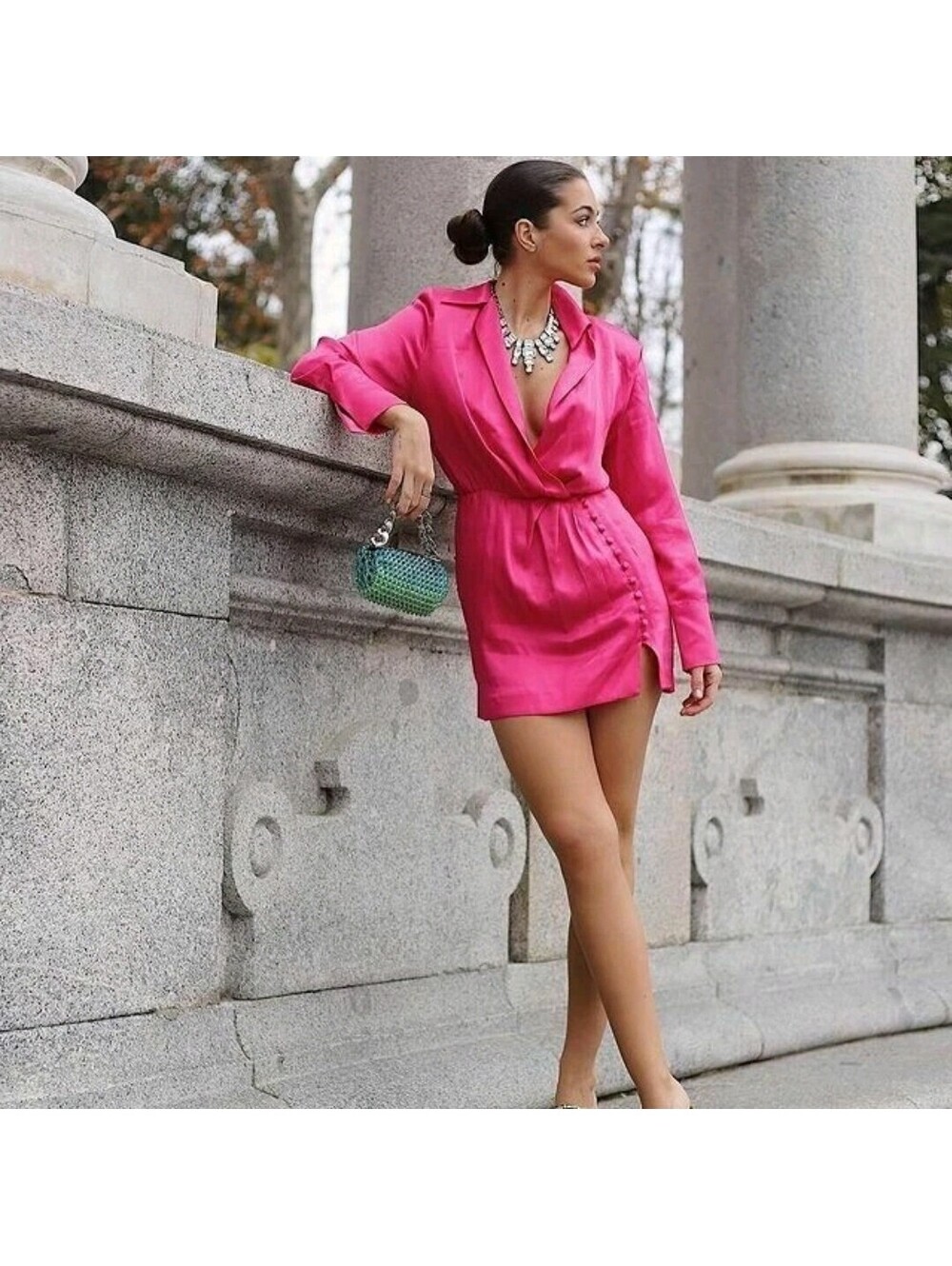 Zara Wrap Mini Dress Women's Sz L Satin Button Fuchsia Pink NWT
